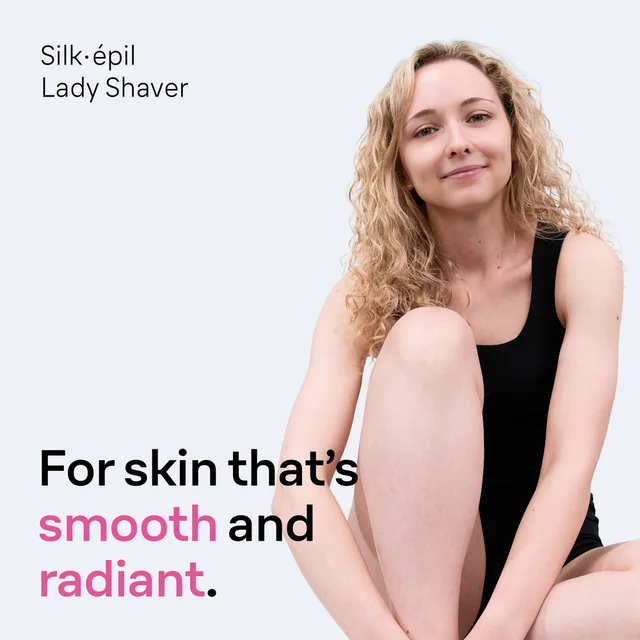 Woman with smooth, radiant skin, promoting Braun Silk-épil Lady Shaver.