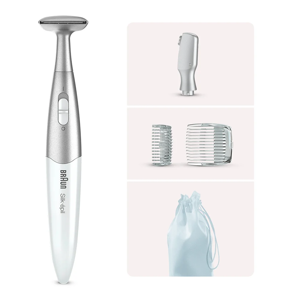 Braun Silk-épil trimmer with precision head, comb attachments, and storage pouch.
