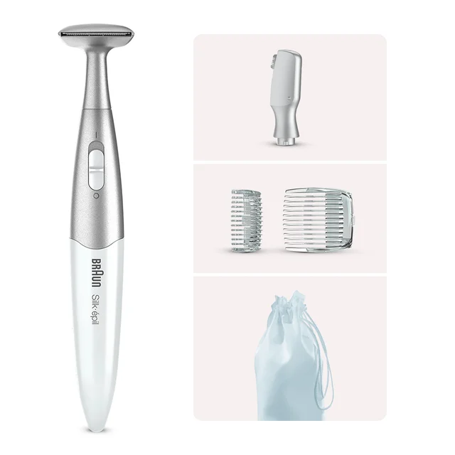 Braun Silk-épil trimmer with precision head, comb attachments, and storage pouch.