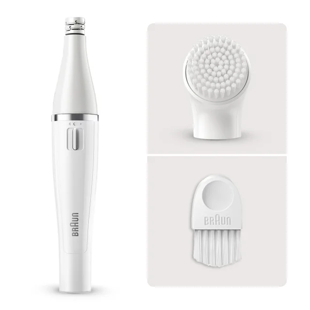 Braun facial epilator with precision head, cleansing brush, and cleaning tool.