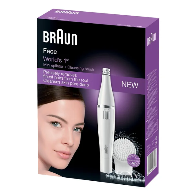 Braun Face Mini epilator & Cleansing brush packaging, highlighting 'World's 1st'.