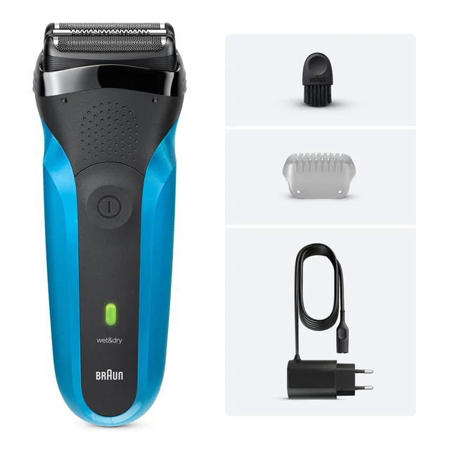 Braun Series 3 Wet&Dry electric shaver with cleaning brush, protective cap, and charger.