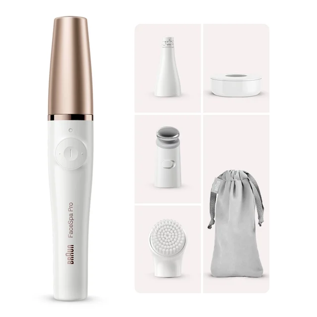 Braun FaceSpa Pro device shown with multiple attachments and travel pouch.