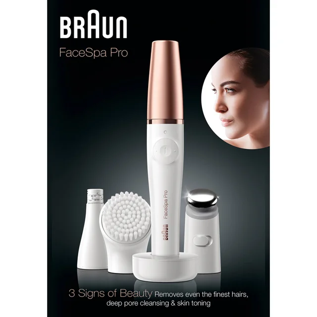 Braun FaceSpa Pro, showcasing '3 Signs of Beauty': hair removal, cleansing & skin toning.