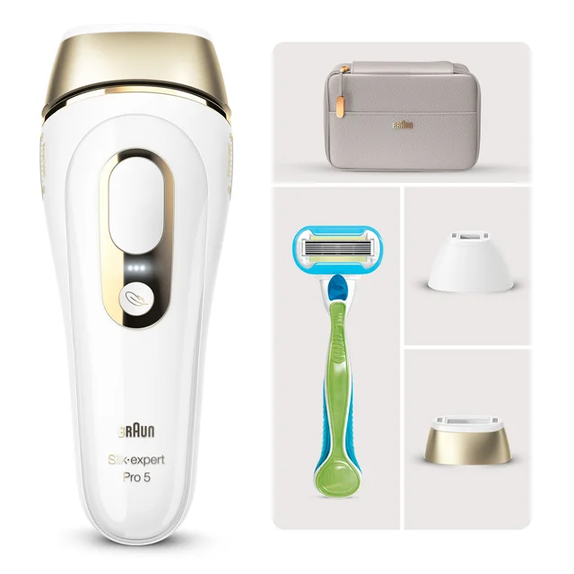 Braun Silk-expert Pro 5 IPL device with travel pouch, Gillette Venus razor, and precision caps.