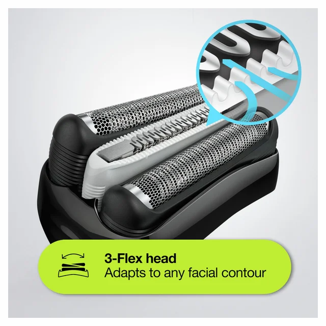 Braun shaver head's 3-Flex head feature, showing adaptability to facial contours.