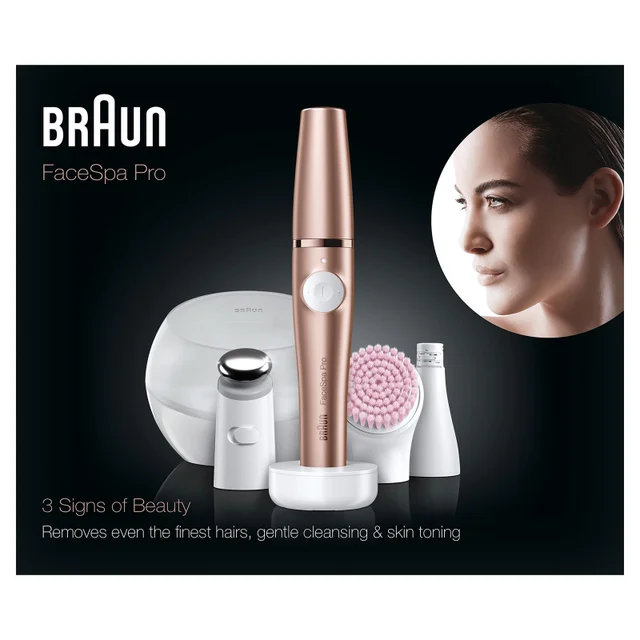 Braun FaceSpa Pro, rose gold device with multiple attachments, highlighting hair removal, cleansing & toning.
