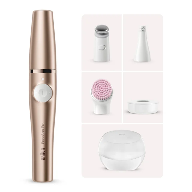 Braun FaceSpa Pro device in rose gold, shown with multiple interchangeable heads and accessories.