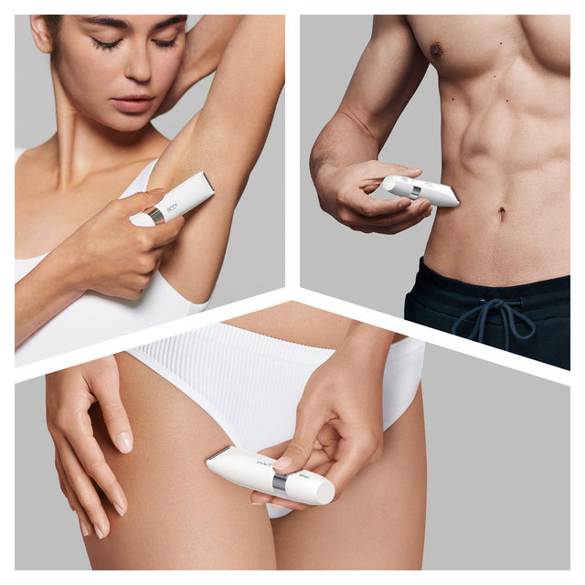 Braun body trimmer in use on underarms, torso and bikini line, showing versatile body grooming.