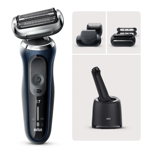 Braun Series 7 electric shaver with multiple styling attachments and charging stand.