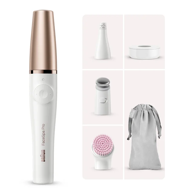 Braun FaceSpa Pro, showcasing its interchangeable heads and accessories.