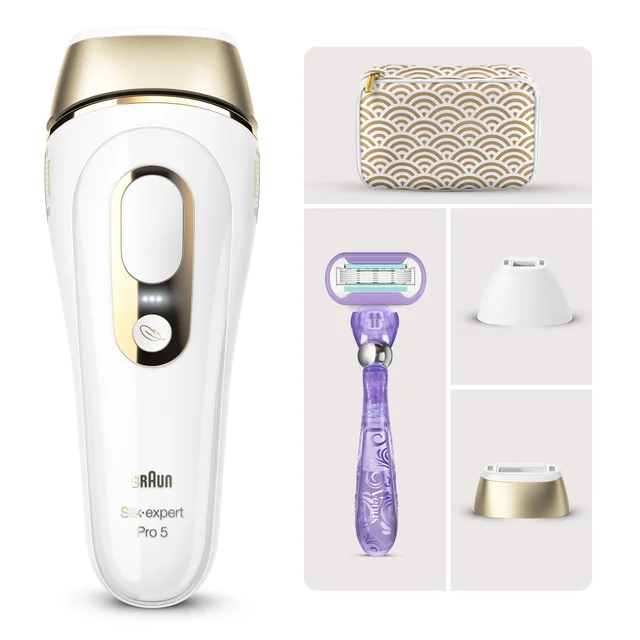 Braun Silk-expert Pro 5 IPL device with Gillette Venus razor, travel pouch & precision attachments.
