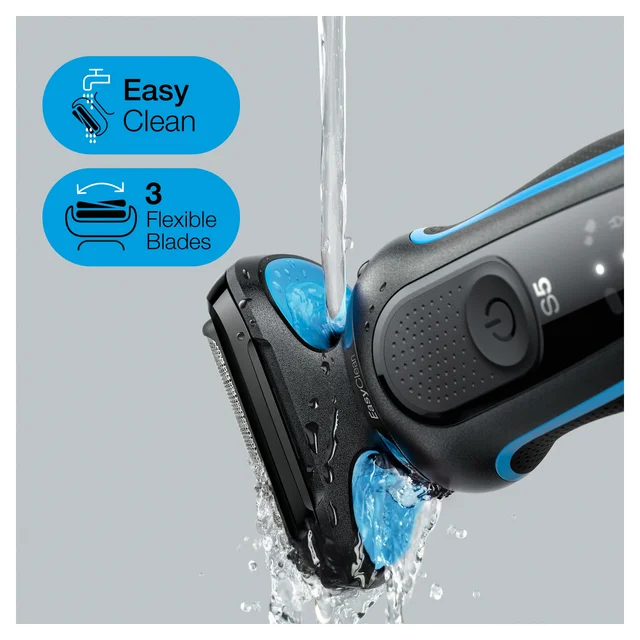 Braun Series 5 Shaver rinsing under water for Easy Clean, highlighting 3 flexible blades.