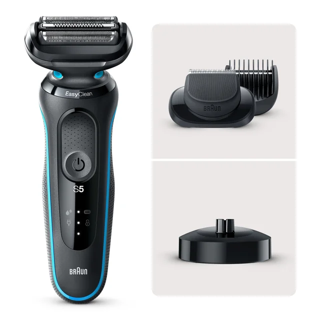 Braun Series 5 EasyClean electric shaver with trimming attachment and charging stand.