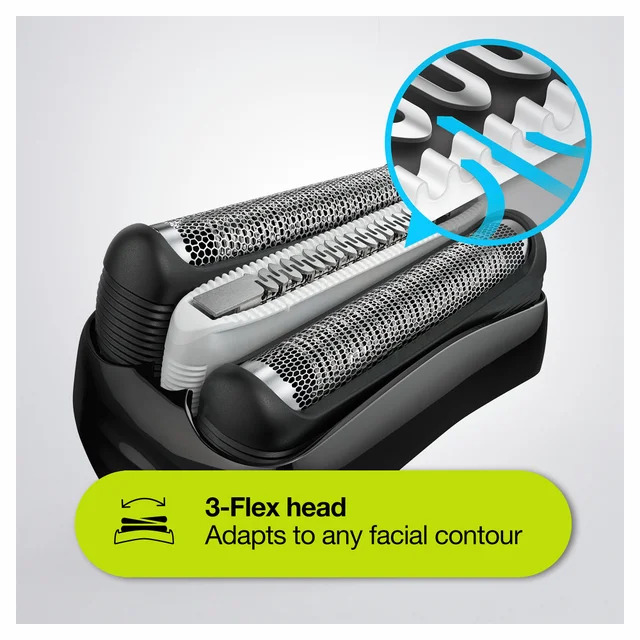 Braun shaver's 3-Flex head, adapting to any facial contour.