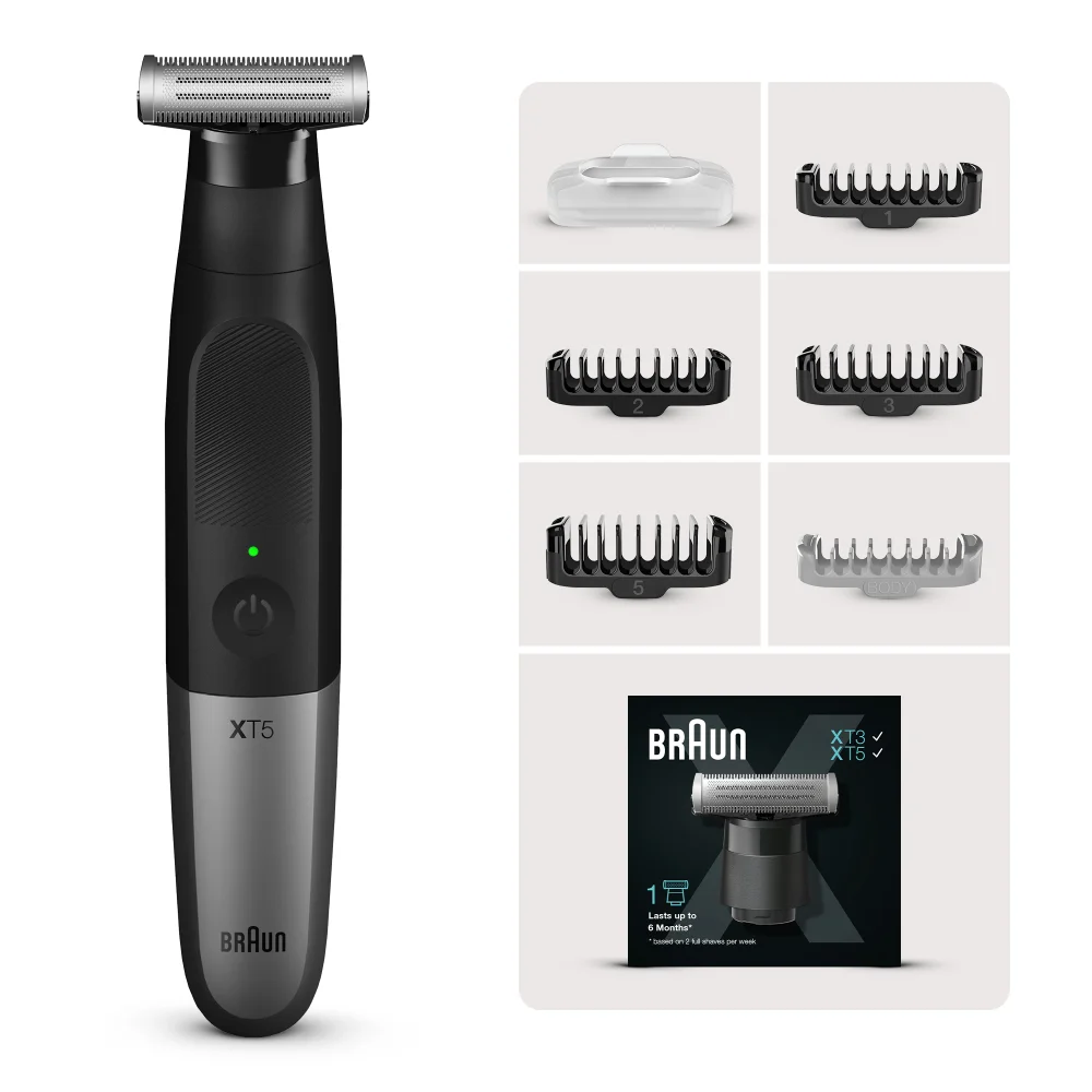 Braun XT5 electric shaver & packaging, highlighting 6-month blade life and comb attachments.