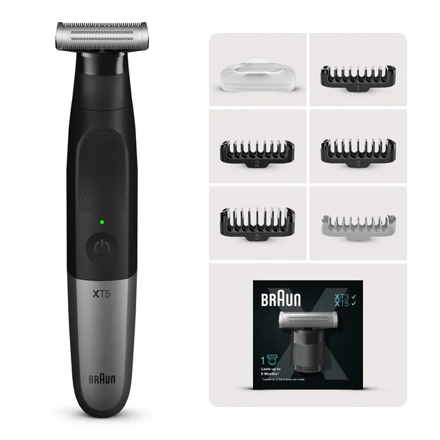 Braun XT5 electric shaver & packaging, highlighting 6-month blade life and comb attachments.