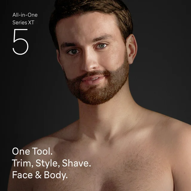 Braun Trimmer in use, highlighting 'One tool. Any style. Face & body' claim.