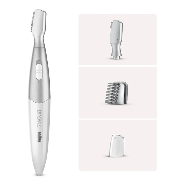 Braun Brows trimmer, highlighting the precision head, comb and protective cap.