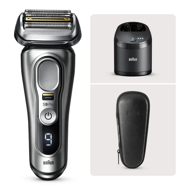 Braun Series 9 Pro shaver shown with charging station and protective travel case.