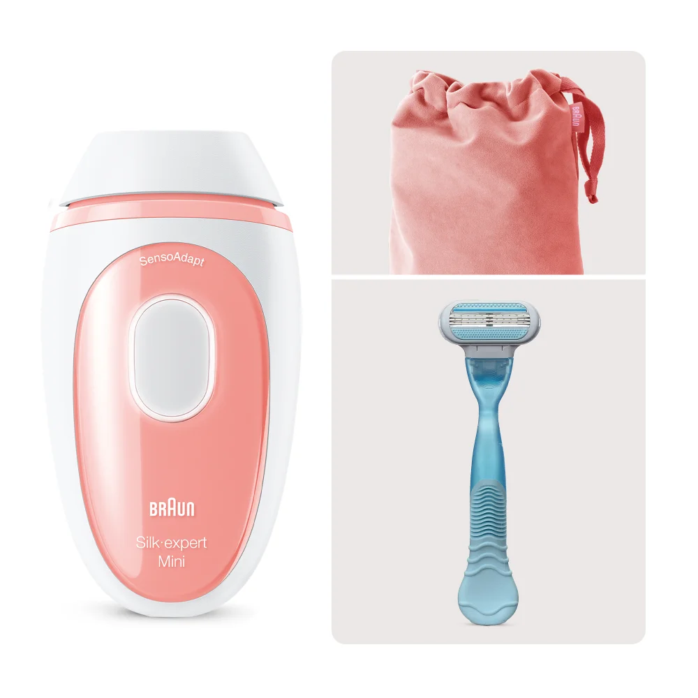 Braun Silk-expert Mini IPL device, SensoAdapt, pink pouch & Gillette Venus razor.