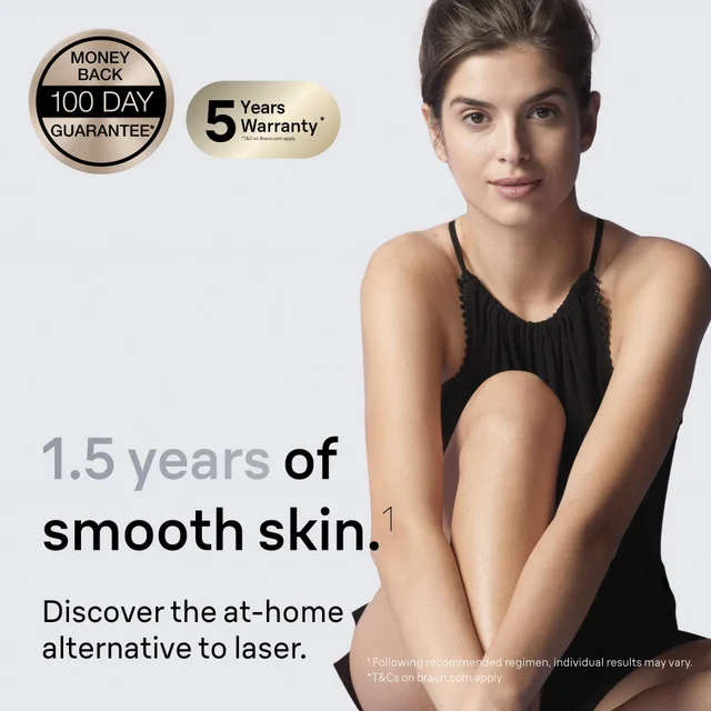 A woman in a seated pose, enjoying 1.5 years of smooth skin after having used the Braun Silk·expert Pro 3.
