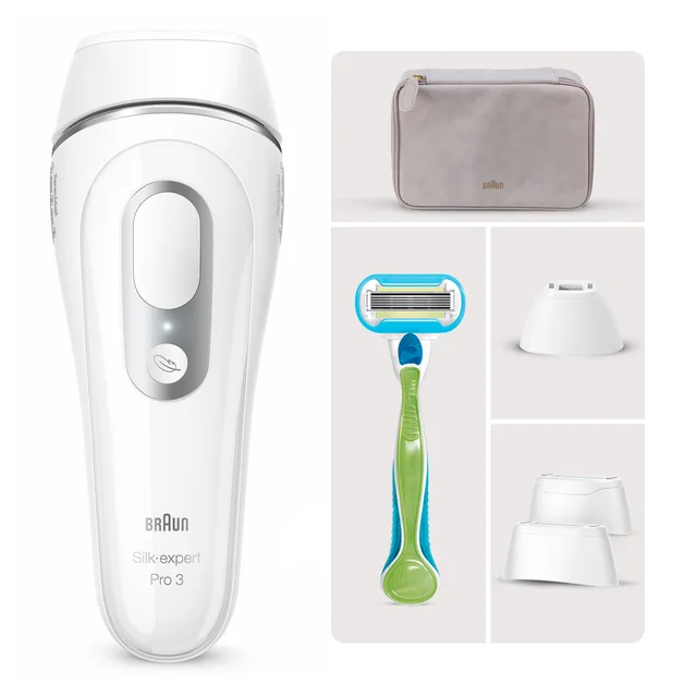 Braun Silk-expert Pro 3 IPL device with travel pouch, Gillette Venus razor, and attachments.