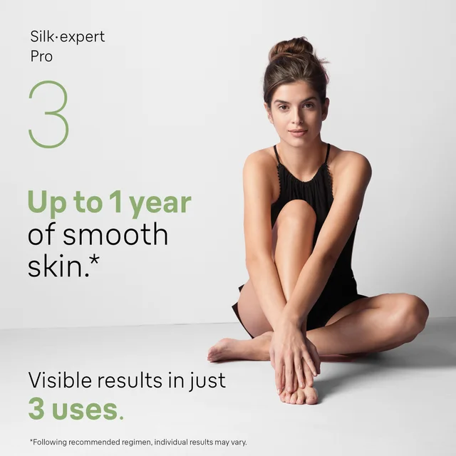 Braun Silk-expert Pro: woman highlights 'Up to 1 year of smooth skin' & '3 uses' results.