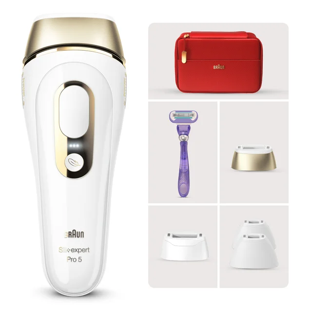 Braun Silk-expert Pro 5 IPL device with red pouch, razor, and multiple attachment heads.