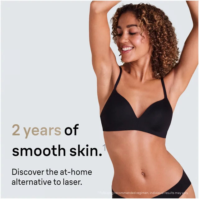 Smiling woman with smooth skin, promoting the '2 years of smooth skin' benefit.