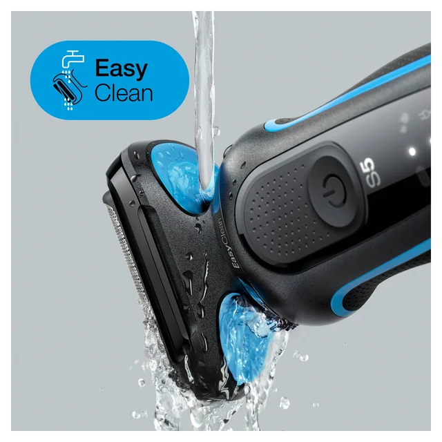 Braun Series 5 shaver under running water, showing its 'Easy Clean' feature.