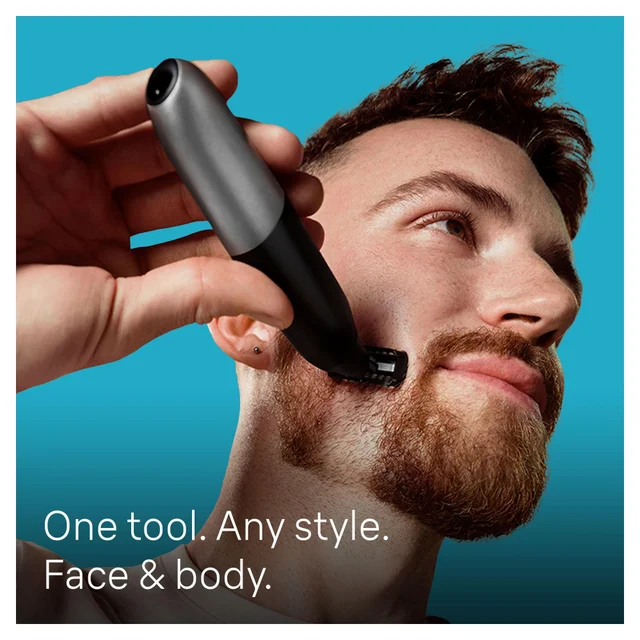 Braun trimmer used on face, showing 'One tool. Any style. Face & body.' versatility.