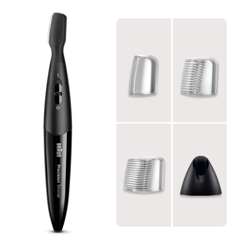 Braun Precision Trimmer with two comb attachments and charging stand.