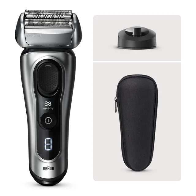 Braun Series 8 Wet&Dry electric shaver with charging stand and travel case.