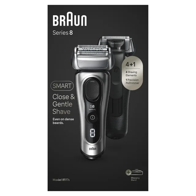 Braun Series 8 Shaver packaging, highlighting 4 shaving elements and 1 ProTrimmer.