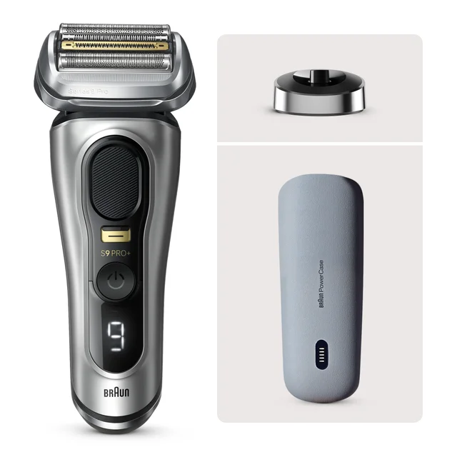 Braun S9 Pro+ shaver with charging stand and PowerCase.