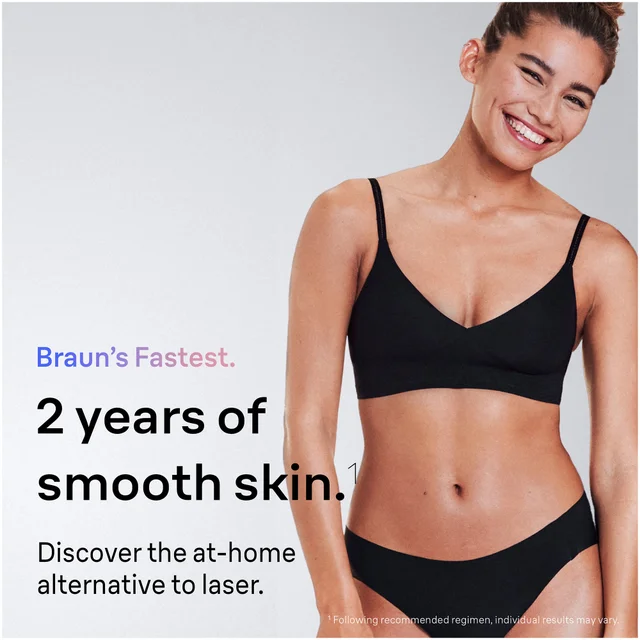 Smiling woman highlighting 2 years of smooth skin from Braun's at-home laser alternative.