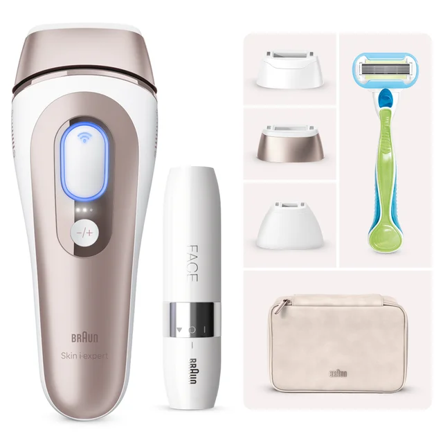 Braun Skin i-expert IPL device with multiple attachments, precision trimmer, razor, and travel pouch.