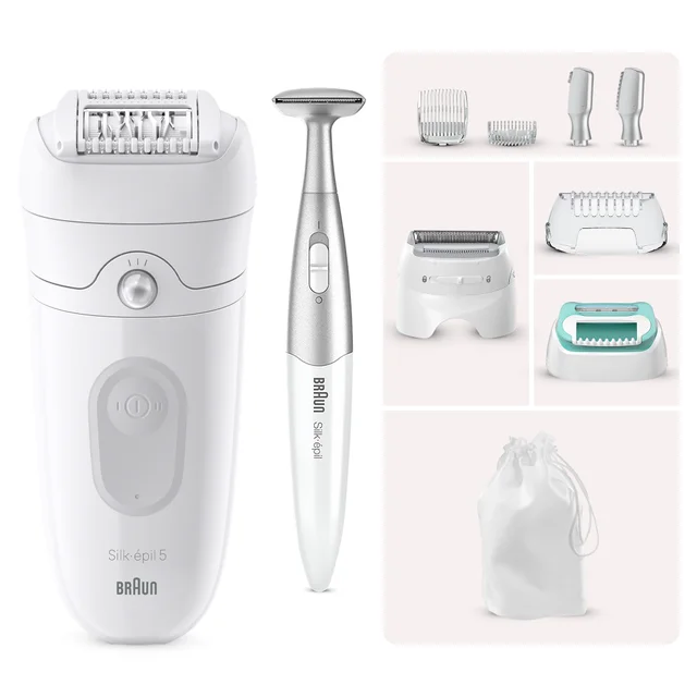 Braun Silk-épil 5 epilator and trimmer shown with multiple attachments and pouch.