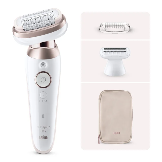 Braun Silk-épil 9 Flex epilator shown with shaver head, trimming comb, and travel pouch.
