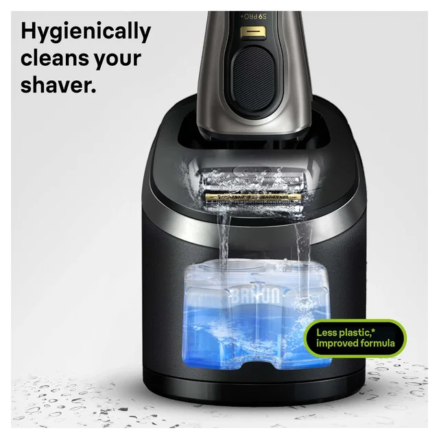 Braun S9 Pro+ shaver in cleaning station, showcasing hygienic cleaning & improved formula.
