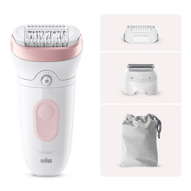 Braun Silk-épil 7 epilator with shaver head, transparent cap, and storage pouch.