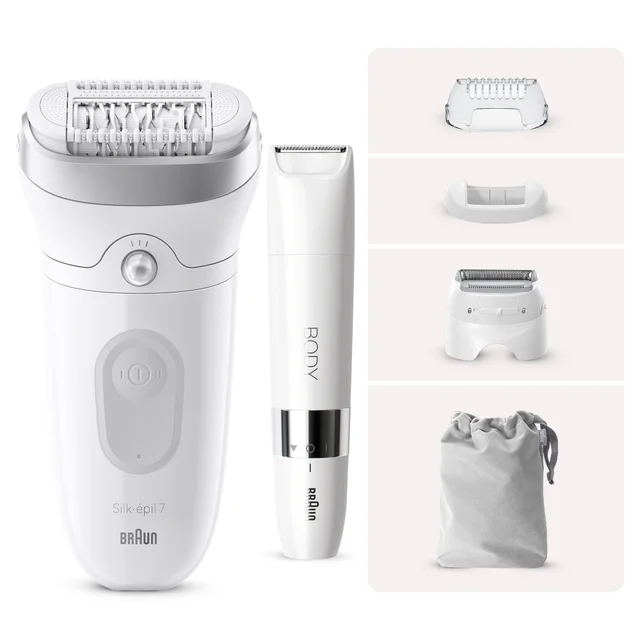 Braun Silk-épil 7 epilator kit, including body trimmer, styling caps, and pouch.