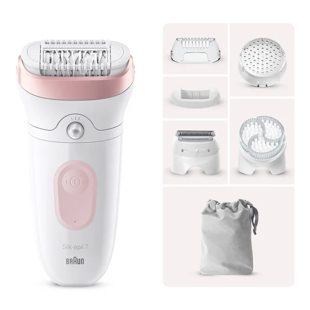 Braun Silk-épil 7 epilator with multiple interchangeable heads and storage pouch.