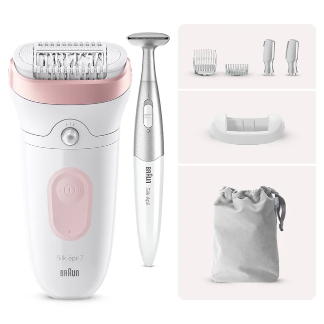 Braun Silk-épil 7 epilator kit with precision trimmer, various attachments and storage bag.