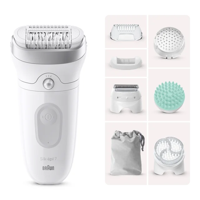 Braun Silk-épil 7 epilator with various interchangeable heads and accessories.