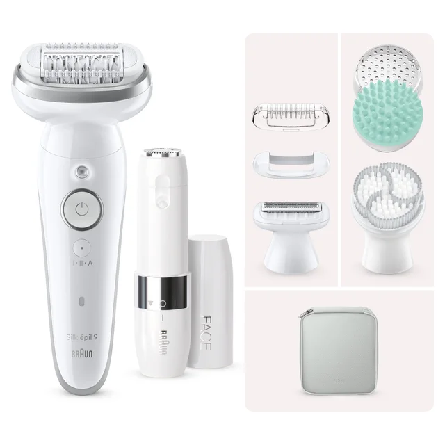 Braun Silk-épil 9 epilator & FaceSpa kit, showing various attachments & travel case.