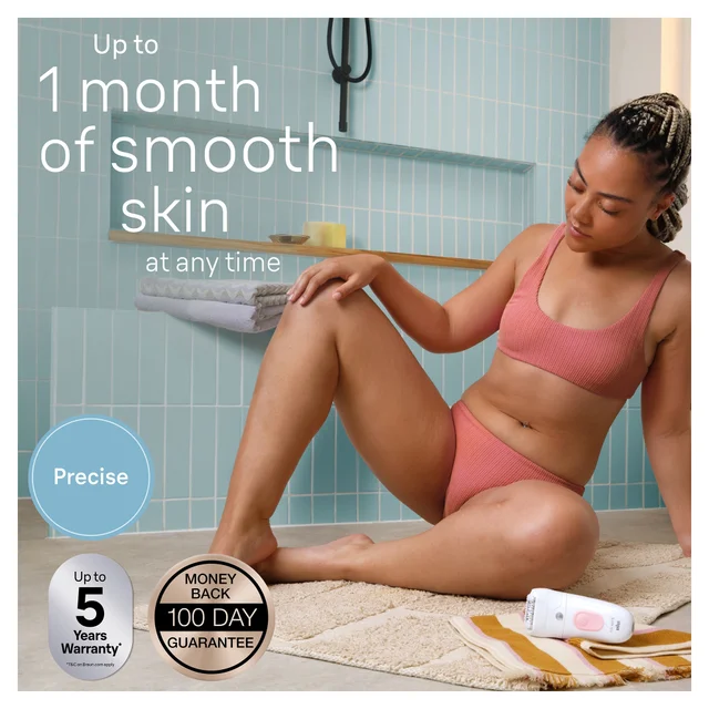 Braun Silk-épil 5 epilator, highlighting 'Up to 1 month of smooth skin' benefit.