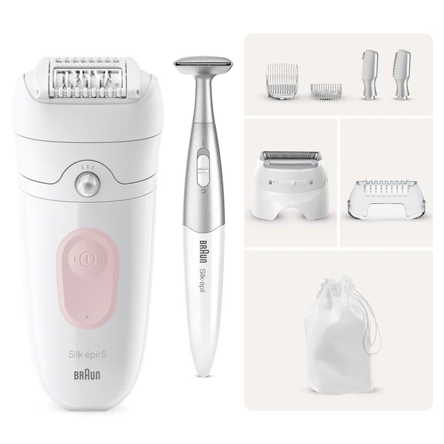 Braun Silk-épil 5 epilator & body trimmer kit, with multiple heads and storage pouch.
