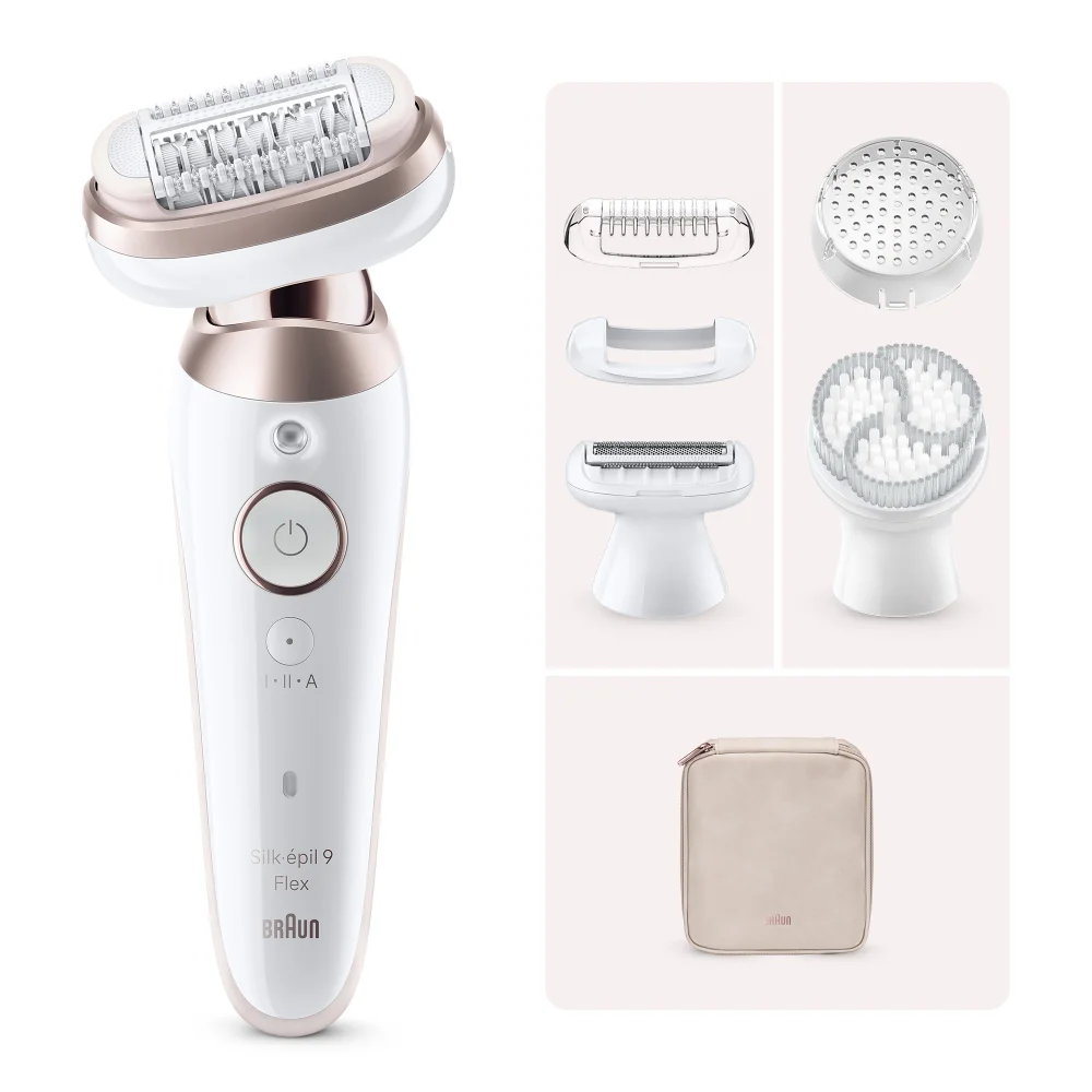 Braun Silk-épil 9 Flex epilator with multiple attachments and travel pouch.